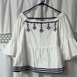 a.n.a White Off-Shoulder Embroidered Peasant Top with Navy Trim